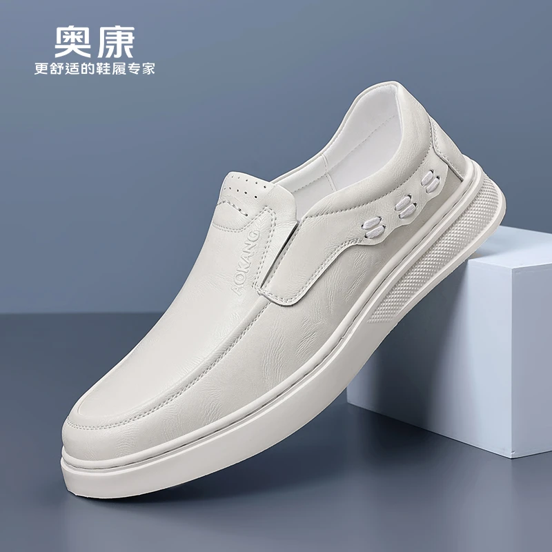 奥康男鞋真皮商务休闲皮鞋男春季透气一脚蹬厚底防滑中年小白鞋