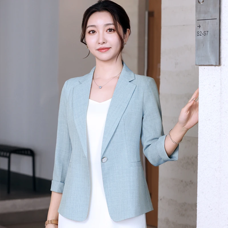 条纹小西装七分袖春季新款双色精纺百搭高贵气质修身短款小西服女