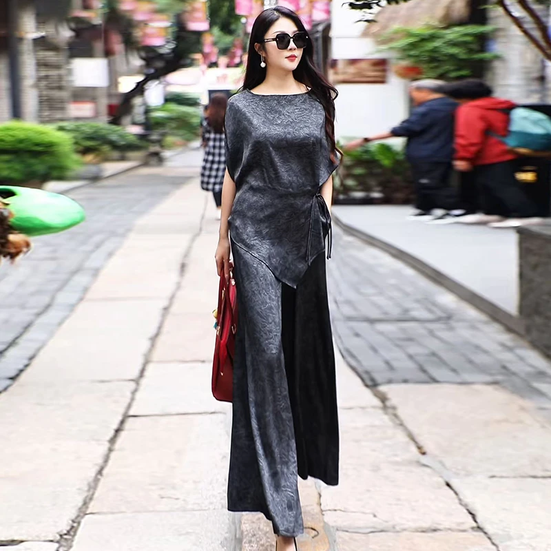 夏复古大码高级感醋酸不规则上衣阔腿裤洋气大牌气质显瘦两件套装