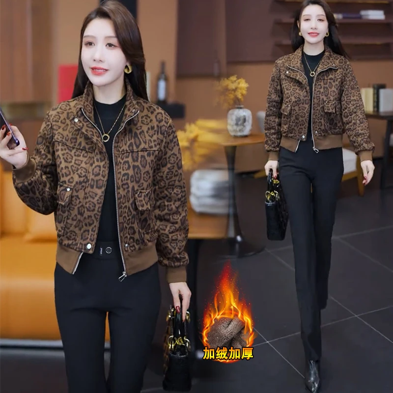 加绒加厚豹纹短外套女2025冬季新款宽松显瘦小个子保暖夹克上衣潮
