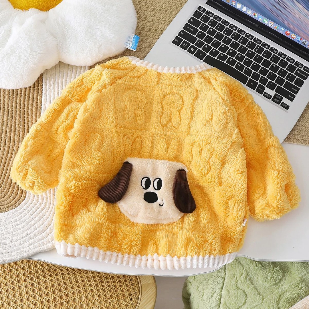 2025秋冬儿童加绒罩衣毛毛绒长袖罩褂可爱小狗厚实绒宝宝罩衣T