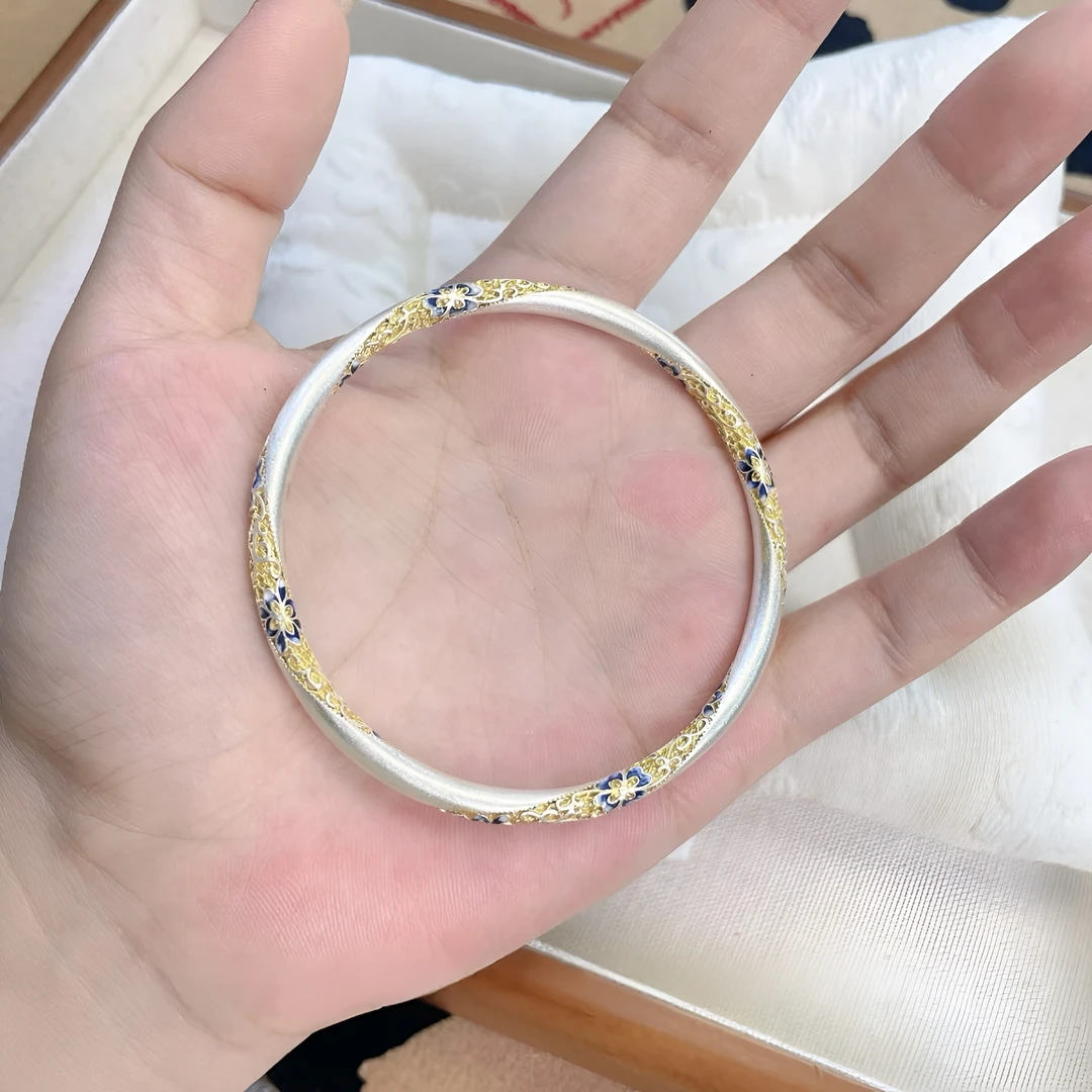 足银手镯 足银999.9「紫花」珐琅彩描金扭麻花朵闭口纯银手镯糖果色