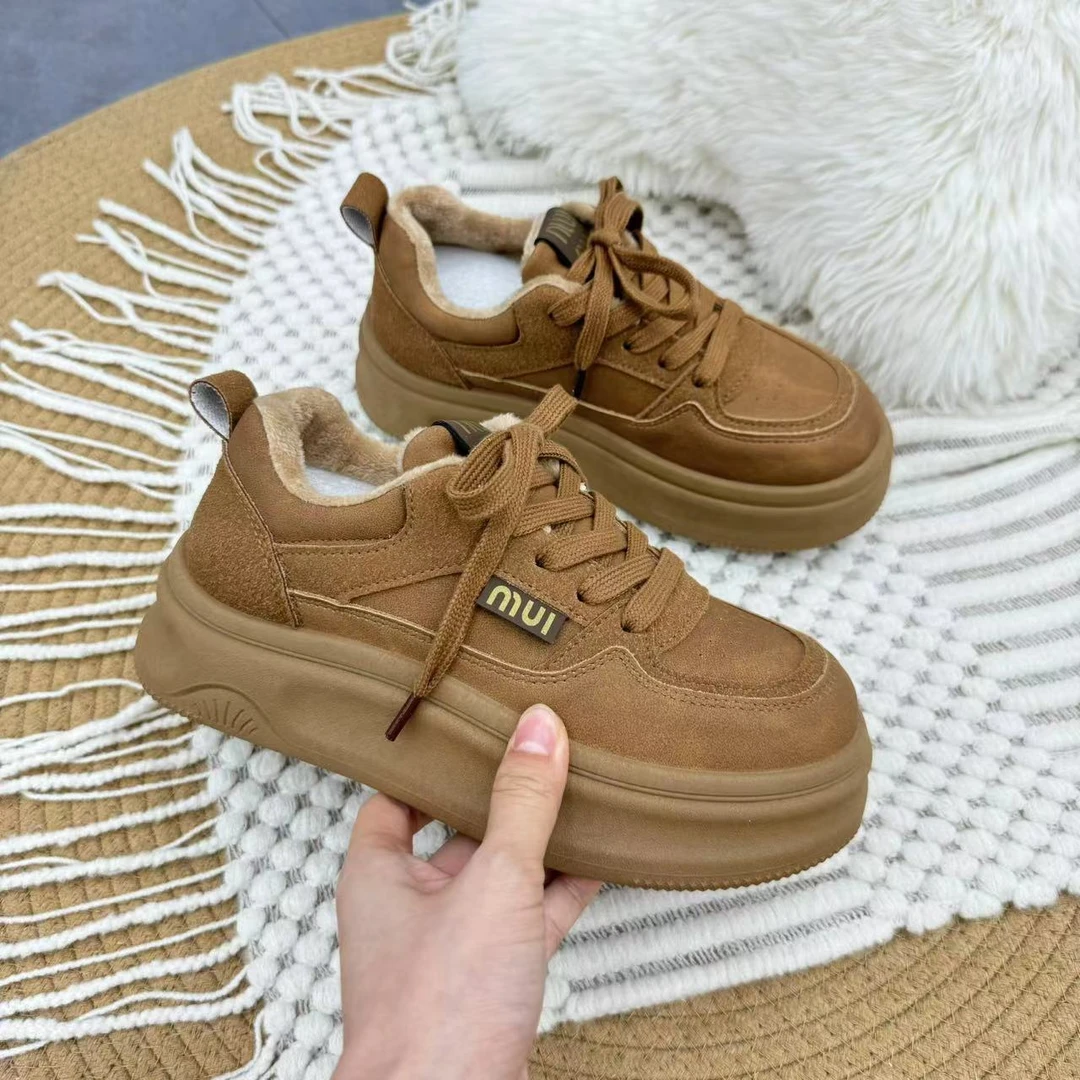 DO235卡其 加绒运动鞋休闲板鞋女新款二棉爆款厚底百搭学生运动鞋
