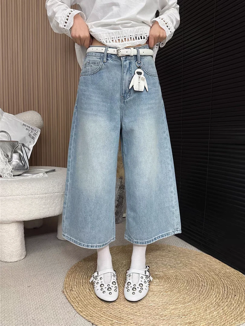 阿玉家&春季新款简约宽松牛仔裤显腿长八分裤#6707