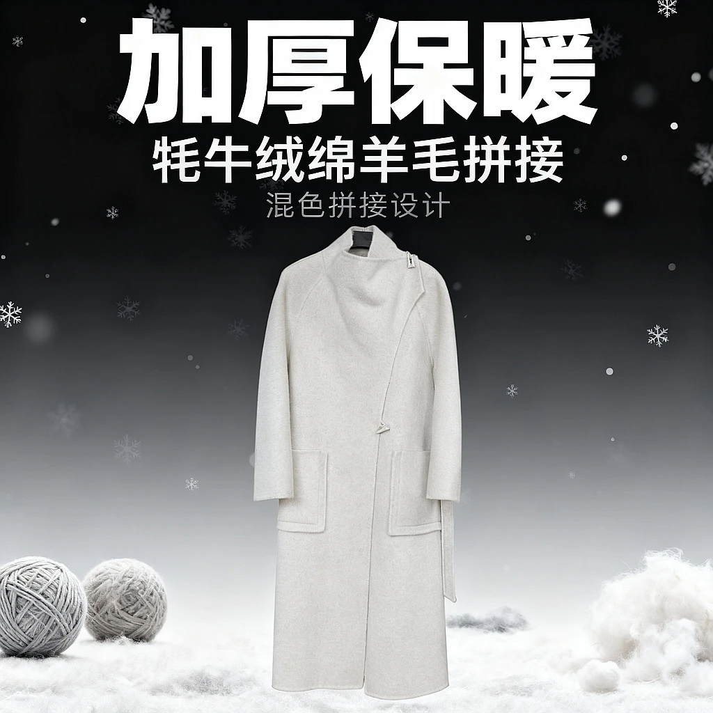 设计师新款立领加厚牦牛绒大口袋女士长款大衣8809