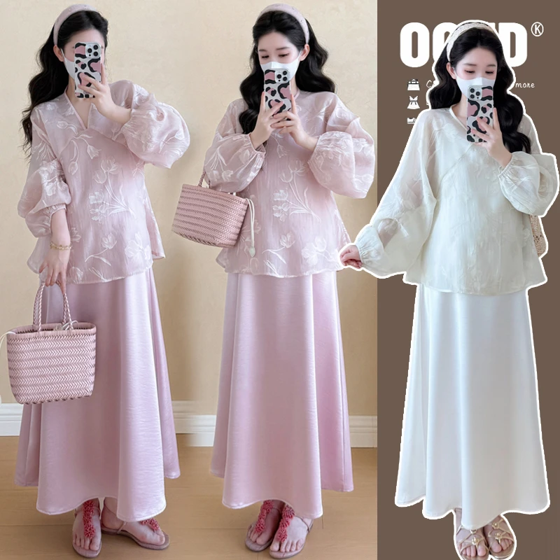 【安安】孕妇装早秋提花气质上衣+吊带裙子两件套气质孕妇套装春秋