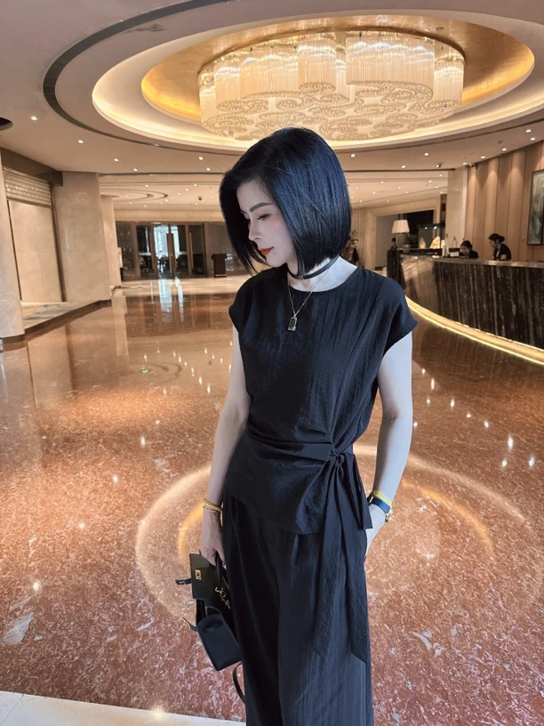 【娟子】夏季纯色绑带抽褶通勤无袖套装女