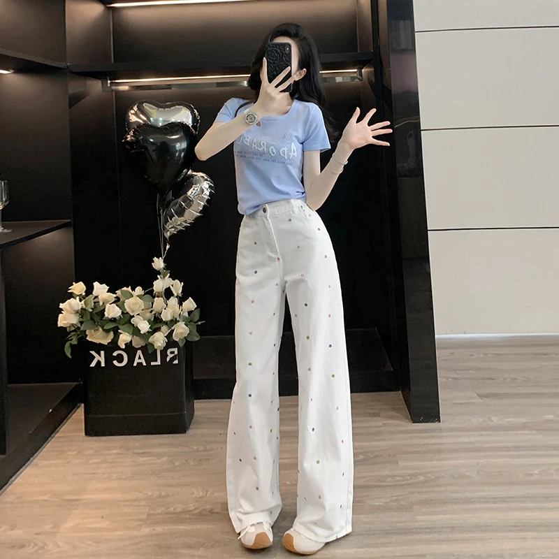 蓝色字母短袖t恤女夏季爆款白色小花刺绣窄版直筒裤薄款两件套女