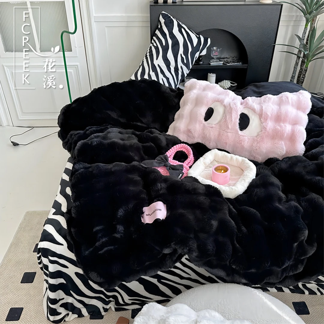 花溪冬季保暖家用宿舍加厚兔毛绒牛奶绒网红三四件套装床品白色