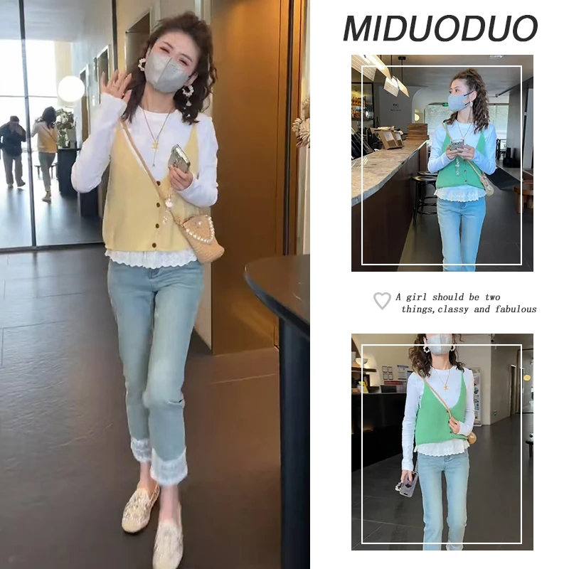 2025春季时尚搭配一整套新款韩系蕾丝打底衫吊带马甲牛仔裤三件套