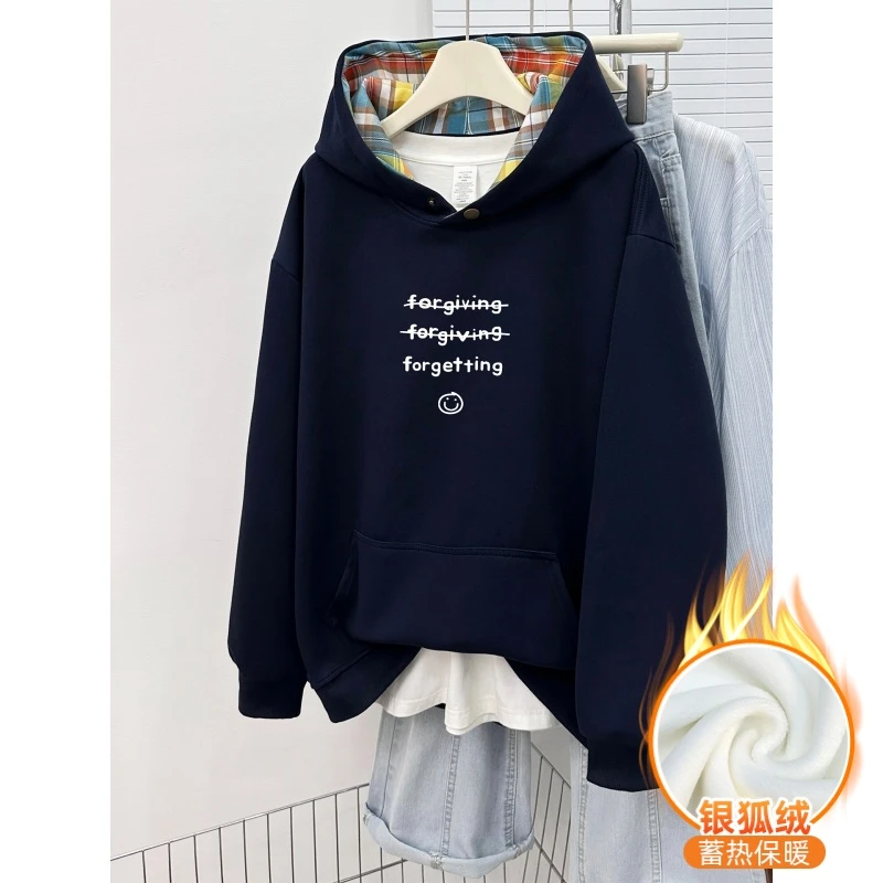 加绒加厚纽扣格子连帽卫衣女冬季韩版字母印花宽松大码设计感上衣