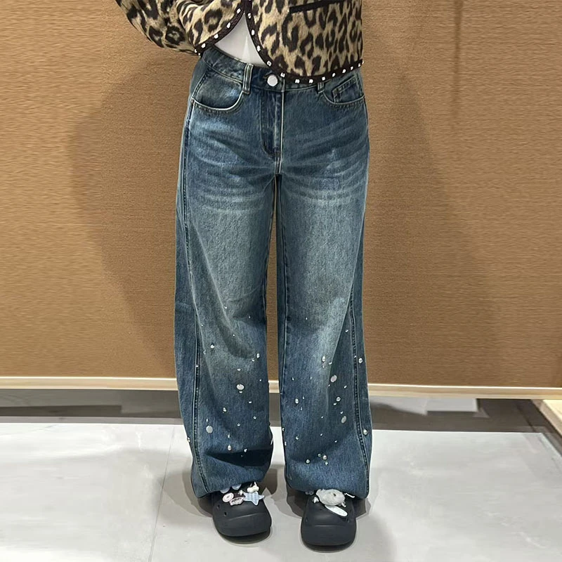 【现货】ICE DUST25冬季新款钉珠直筒牛仔裤