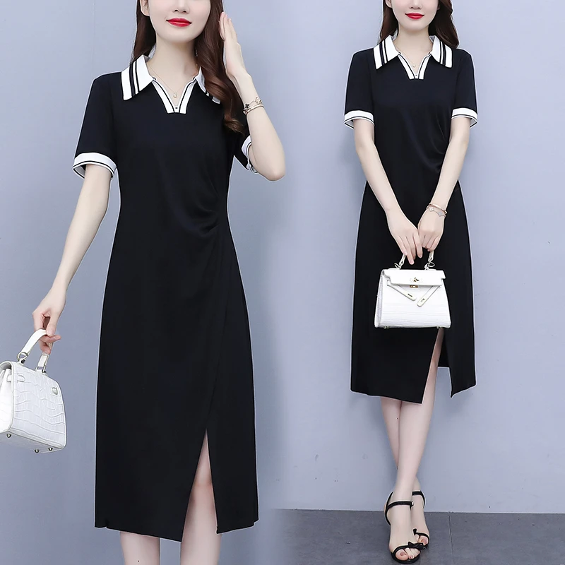 休闲翻领黑色大码女装裙子2025夏季新款气质收腰显瘦长款连衣裙女