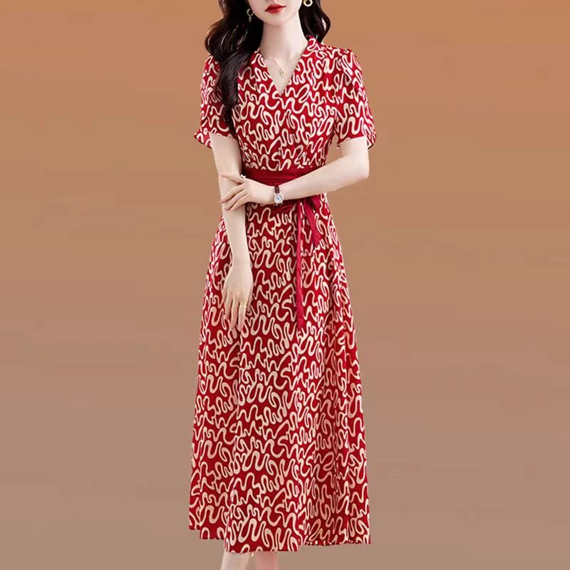 【F2520】2025女装香港轻奢春秋新款V领印花裙子高端气质连衣裙