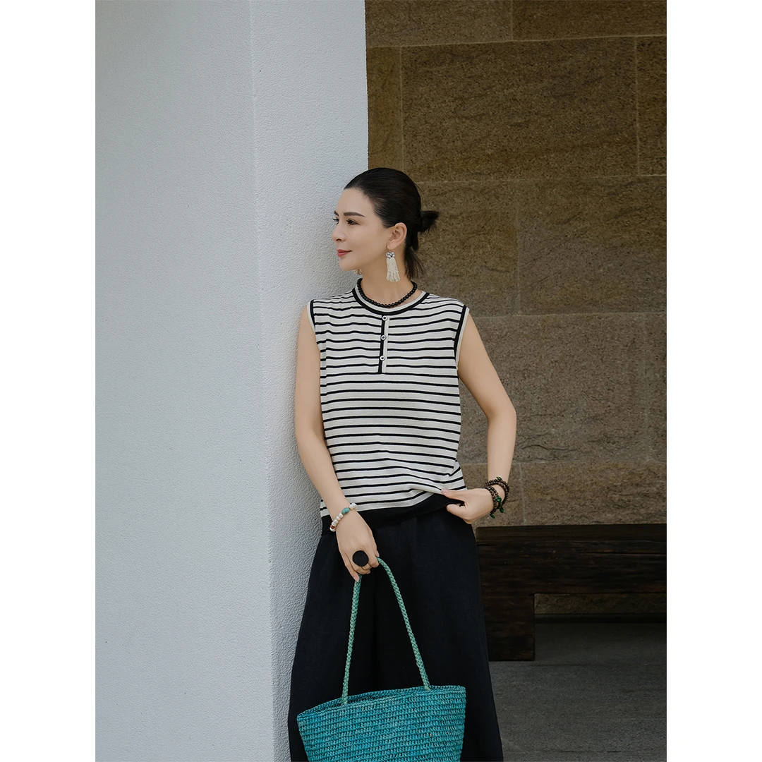 麻霖自然主义桑蚕丝亚麻棉条纹亲肤舒适圆领无袖休闲针织背心