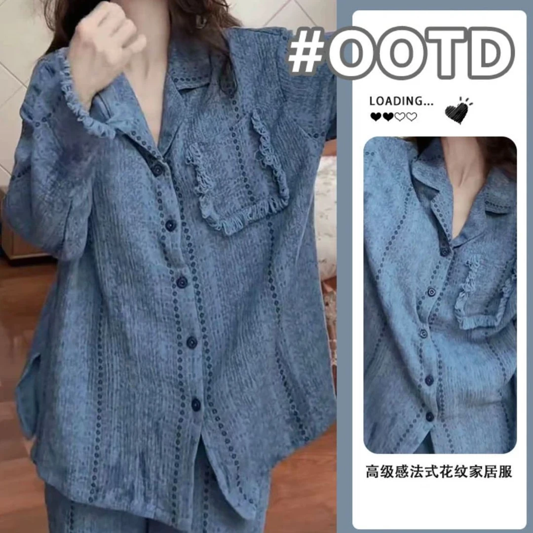 睡衣女带胸垫蓝色长袖秋冬开衫套装可外穿家居服流苏大码条纹长裤