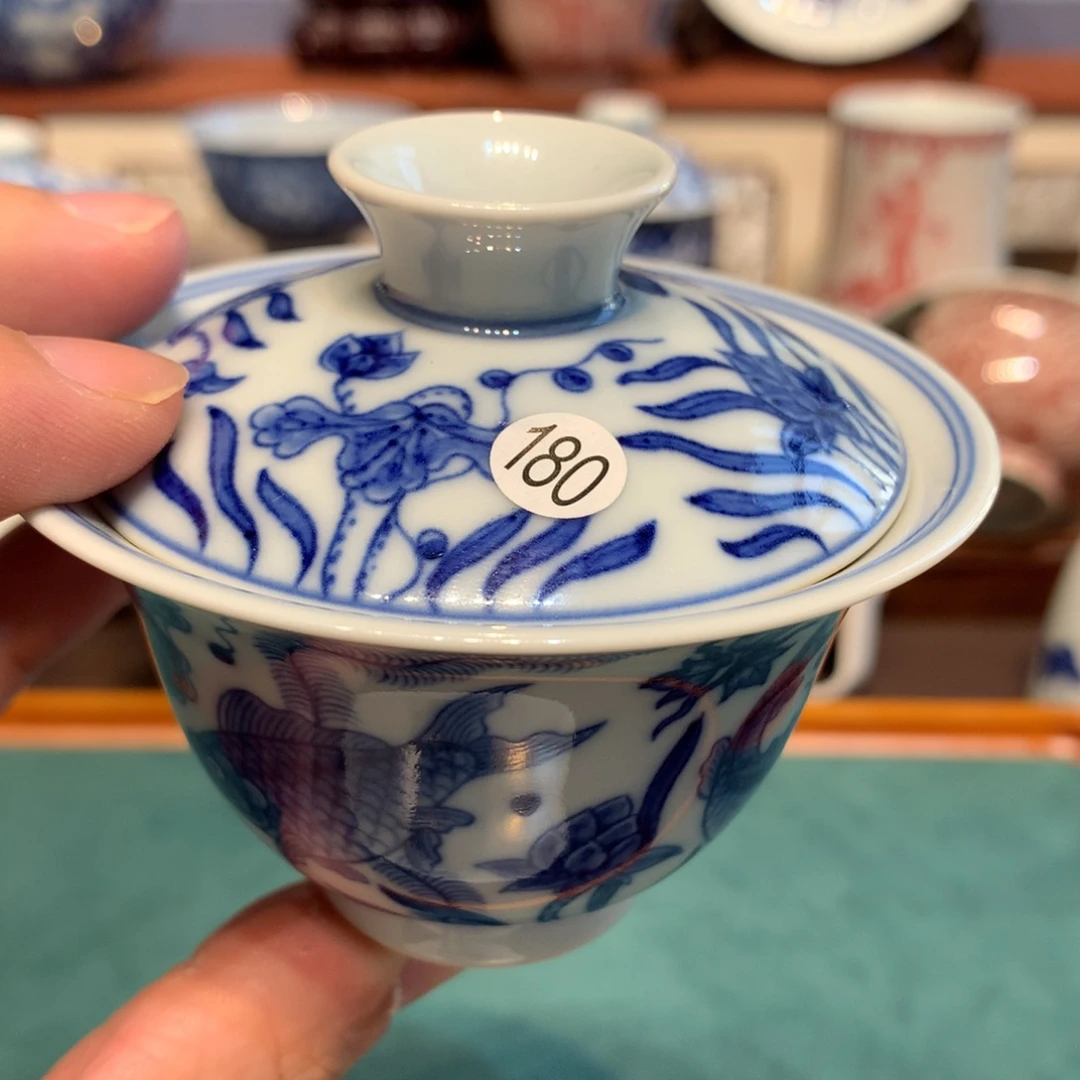 还***好180青花鱼藻盖碗wls102