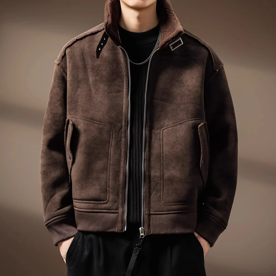 美式复古重磅机车羊羔绒棉服男士冬季新款加厚保暖宽松棉衣外套潮