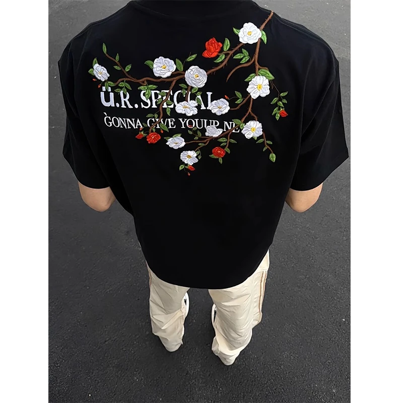 cleanfit美式高街蔷薇刺绣短袖t恤男款夏季潮流欧美街头半袖上衣