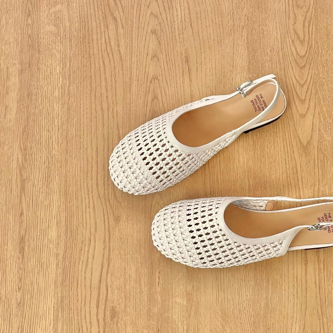 HUSSLOVE 牛皮+编织·跟高CM·简约百搭夏季编织镂空包头凉鞋女