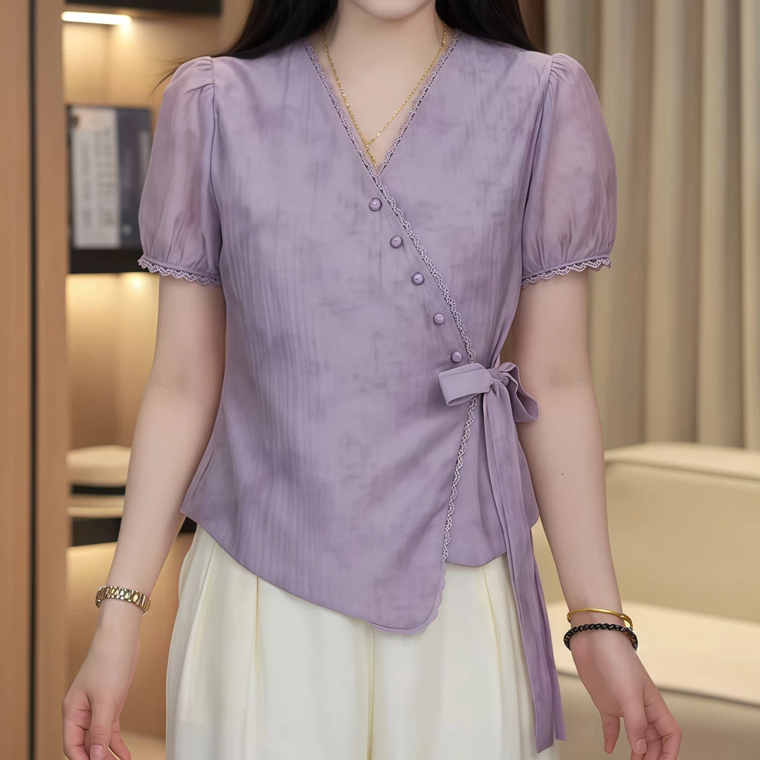 法式V领收腰系带泡泡袖衬衫女2025夏季新款温柔风洋气上衣女潮流