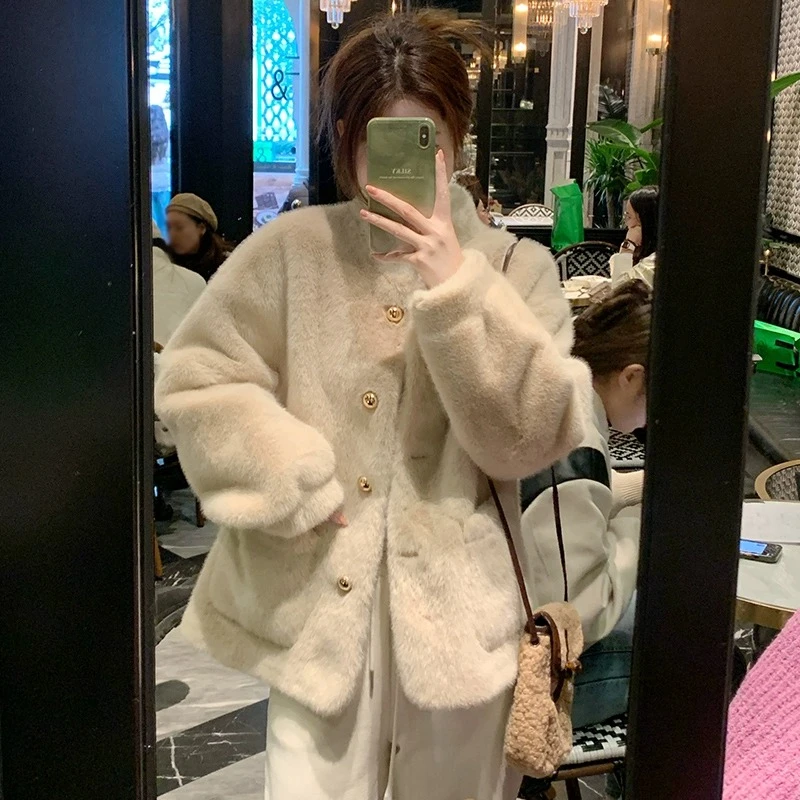 小香风立领仿水貂毛绒环保皮草女冬季2025新款高级感上衣毛毛外套