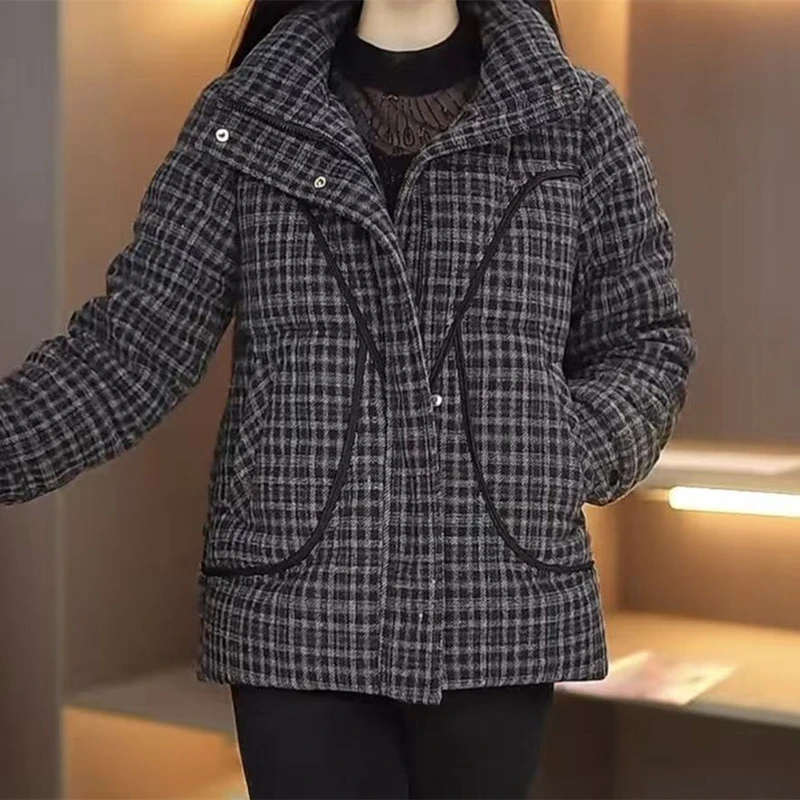 时尚复古格子加厚立领棉服女G冬款气质加棉保暖大码妈妈装外套