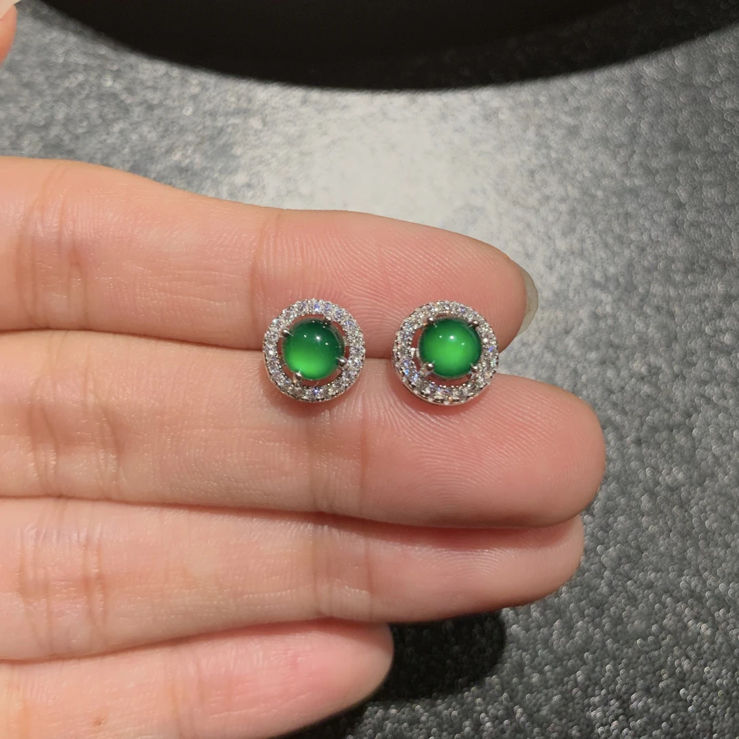 s925银天然a货翡翠圆形耳钉