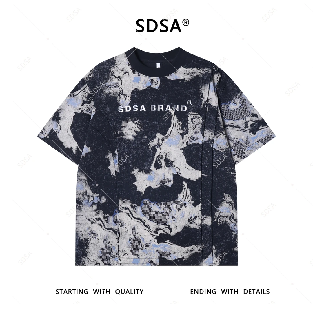 夏季高级感新款男士扎染撞色褶皱字母印花短袖T恤复古圆领上衣