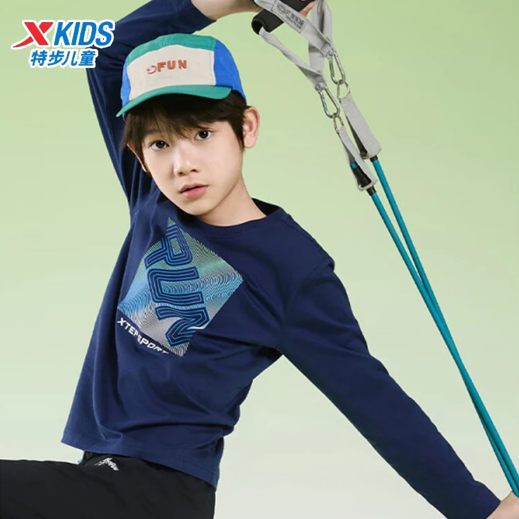 特步男童装长袖T恤纯棉运动上衣2025秋冬新款儿童运动男孩t恤服装