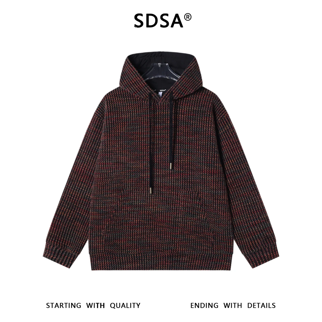 SDSA秋冬新款痞帅男装简约韩版撞色竖纹抽绳连帽针织卫衣宽松百搭