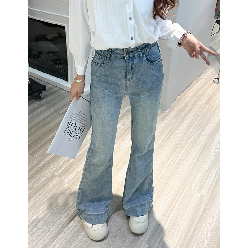 25932#高腰弹力微喇女秋季复古直筒牛仔裤显瘦喇叭裤小个子长裤