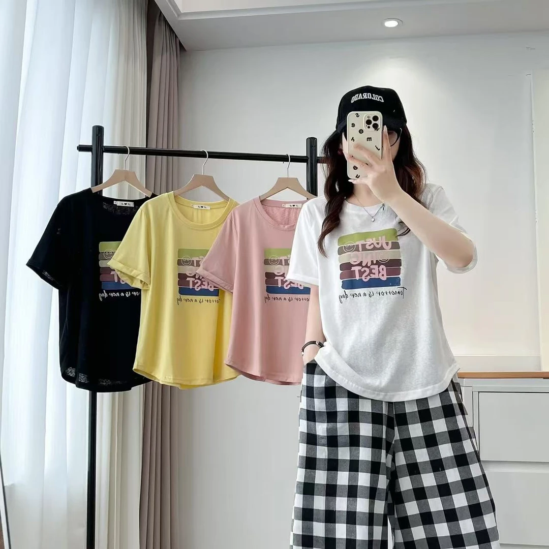 雪花棉夏季大码女装短袖t恤女2025新款韩版宽松显瘦半袖印花上衣