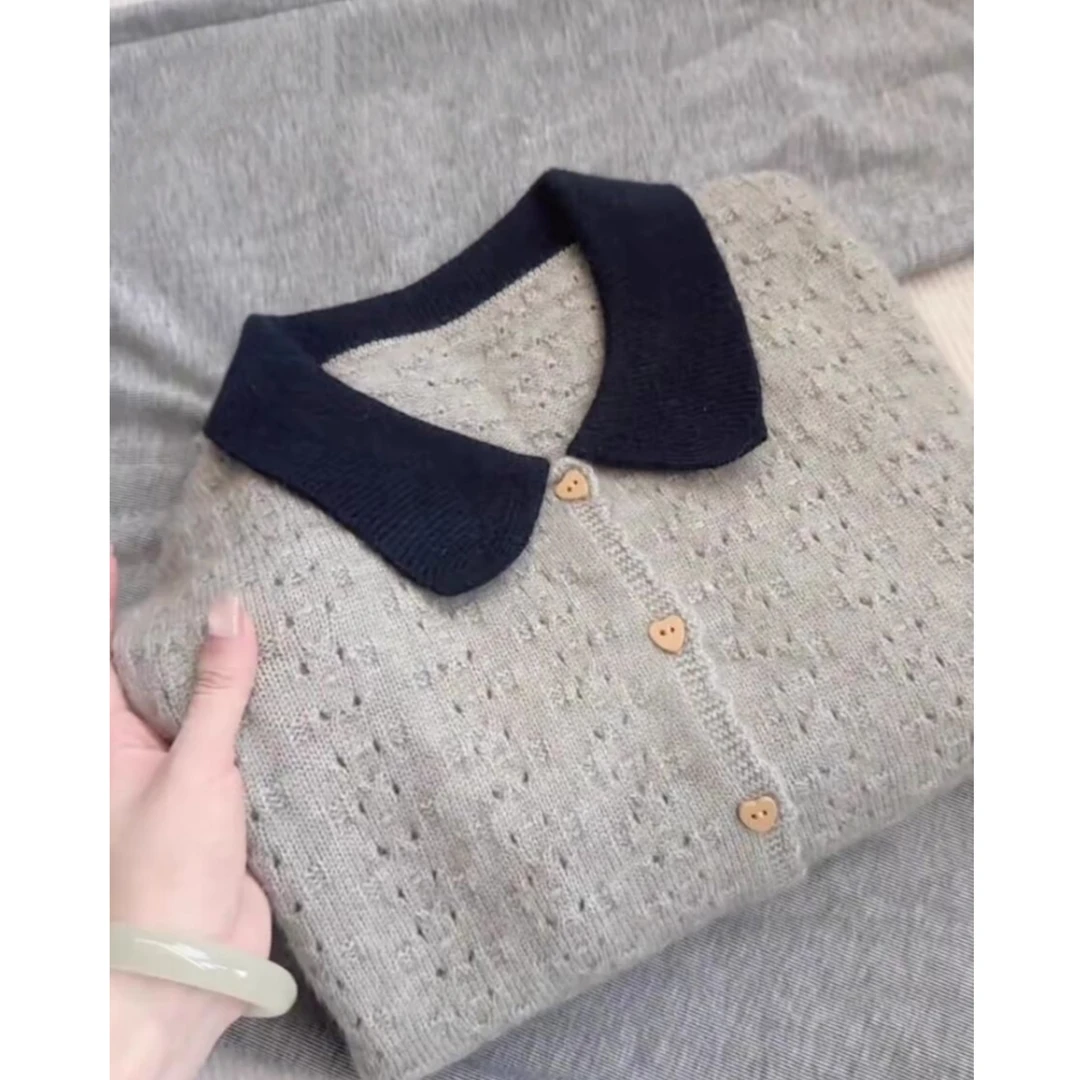 娃娃领镂空女毛针织衫开衫秋冬针织衫长袖洋气时尚百搭翻领外套