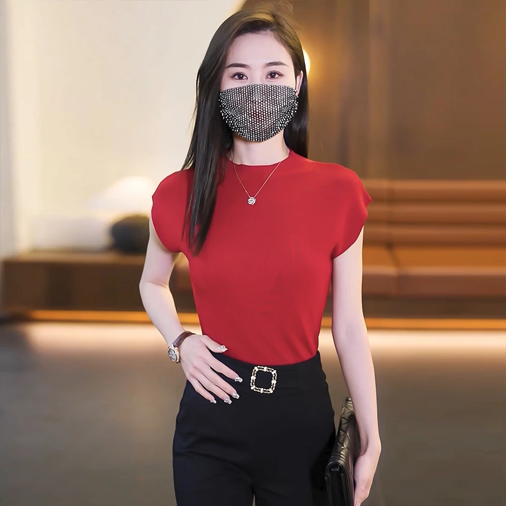 短袖t恤2025春夏新款宽松显瘦气质半高领针织女冰丝针织打底衫