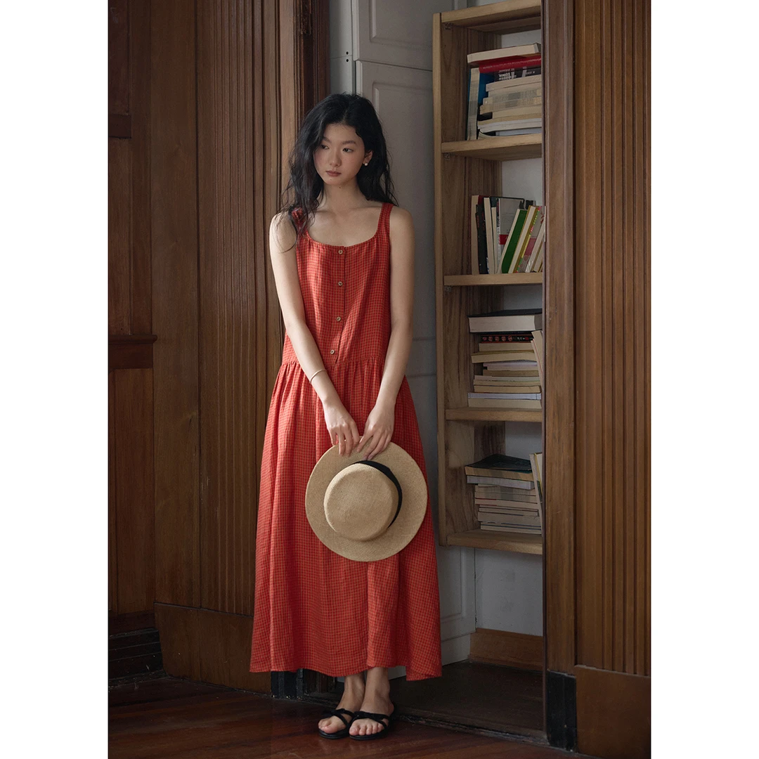 Nice people2025SS 高端亚麻砂洗色织凉感透气连衣裙