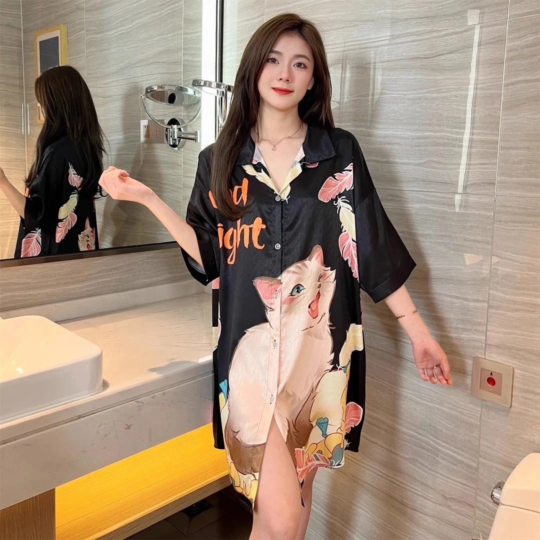 【星】冰丝衬衫裙女夏季薄款短袖中长款宽松大码休闲开衫居家服