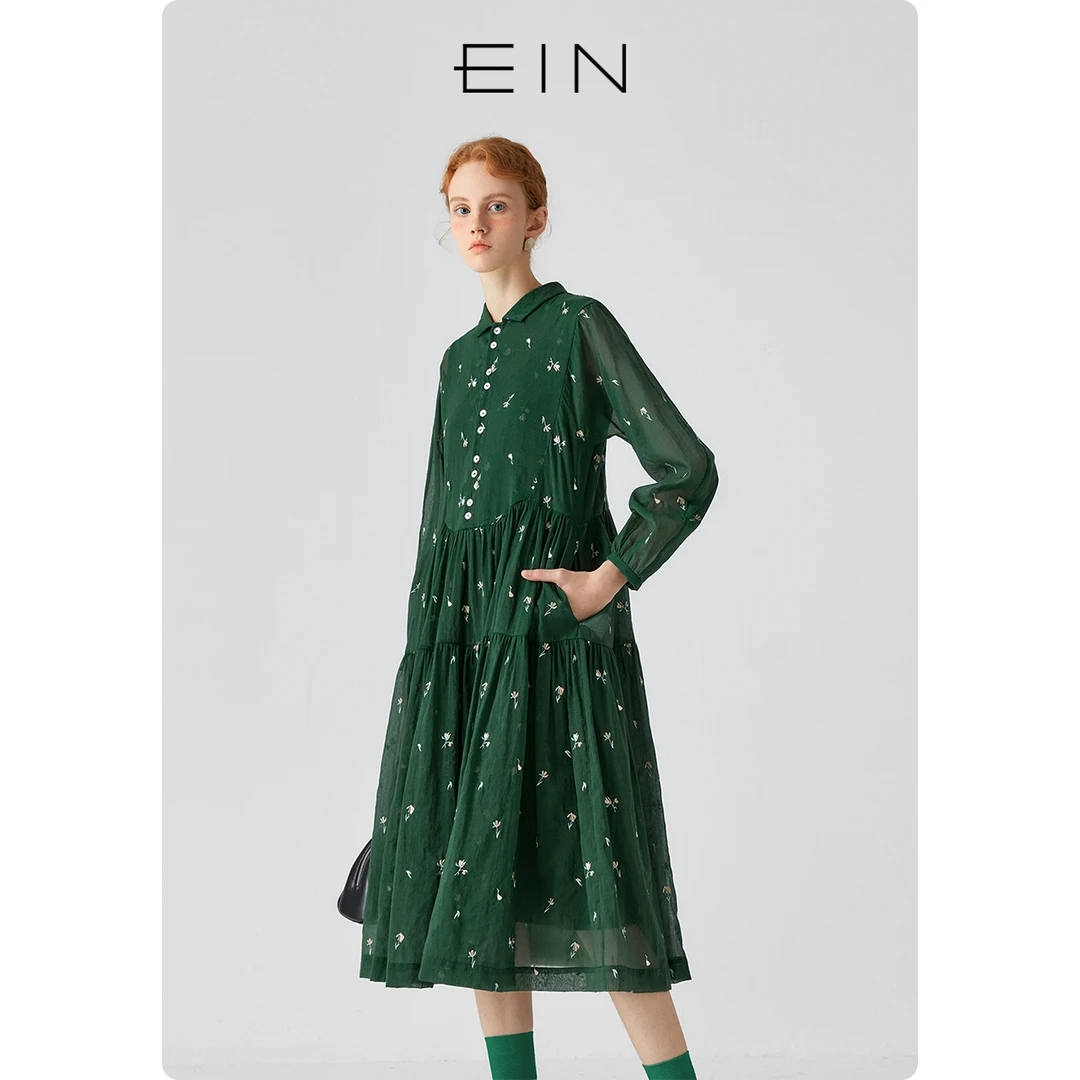 EIN/言多线绣花破缝设计紫色长袖连衣裙显瘦气质25早春款女
