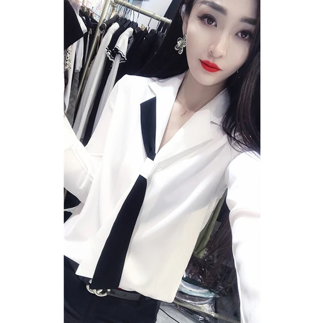 白衬衫女长袖秋冬新款简约设计感小众西装领打底雪纺衫职业上衣潮