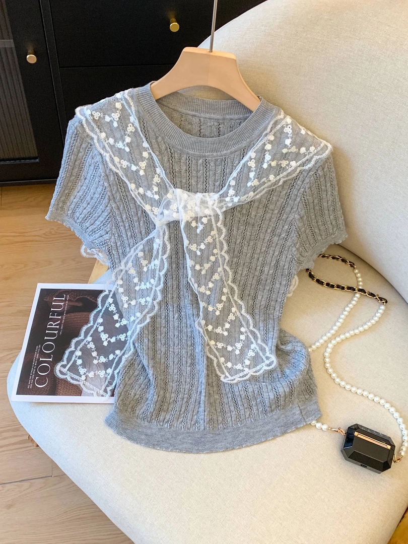 轻奢灰色气质蕾丝披肩短袖针织衫2025新款夏季设计感显瘦百搭上衣