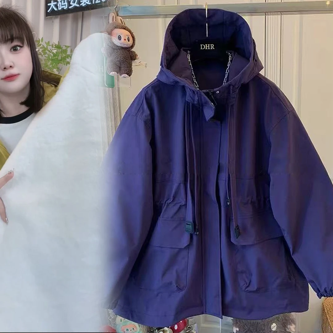 大码女装冬装新款加棉加绒软壳冲锋衣外套中长款加厚棉服收腰显瘦