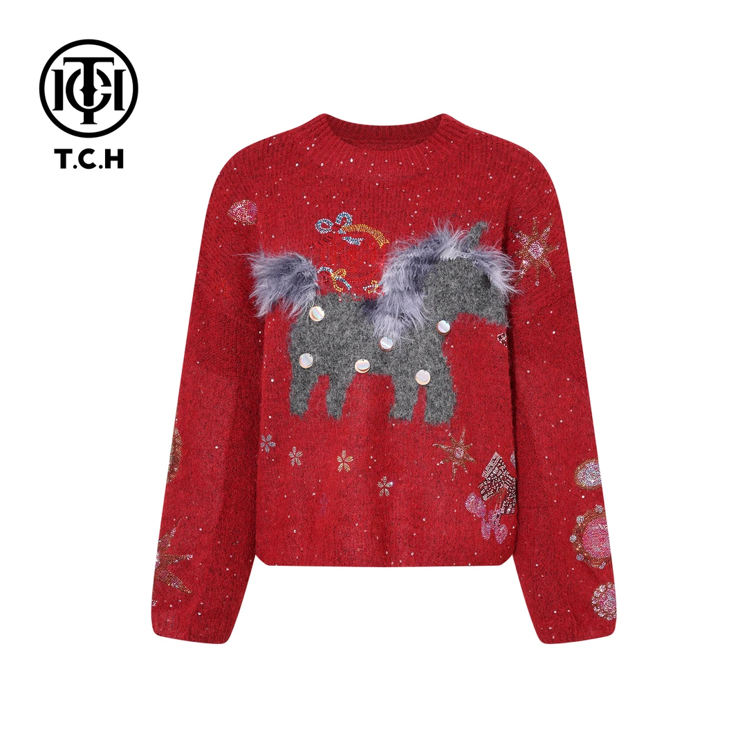 TCH【时尚百搭】冬款时尚烫钻红色休闲风女装针织衫T75D09E1238
