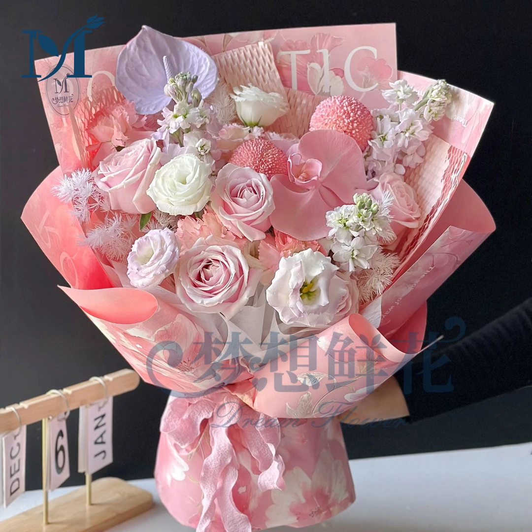 甜桃仙境（6朵粉玫瑰蝴蝶兰混搭花束喷色掌送女友送闺蜜朋友生日花束鲜花店送花上门）