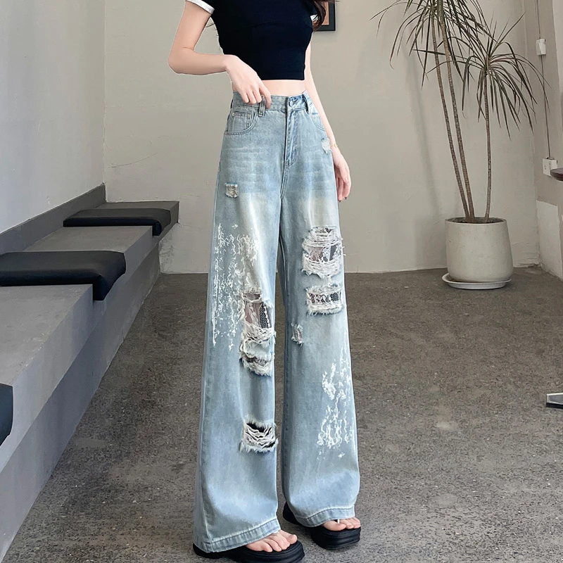 法式蕾丝镂空破洞阔腿牛仔裤女2025夏季薄款宽松设计感拖地乞丐裤
