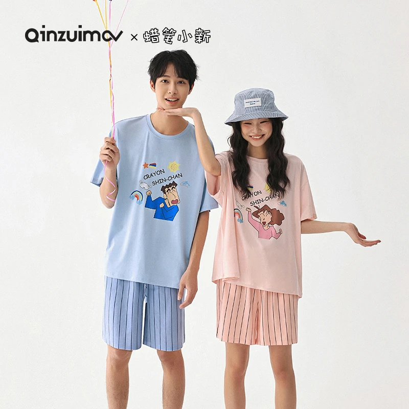 亲嘴猫【蜡笔小新】春夏季莫代尔棉短袖短裤睡衣男女情侣家居服套装