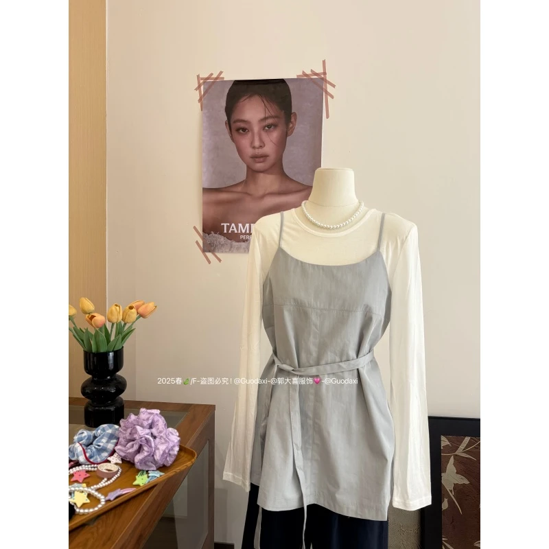 韩版2025春装新款开春穿搭女吊带连衣裙内搭长袖T恤套装