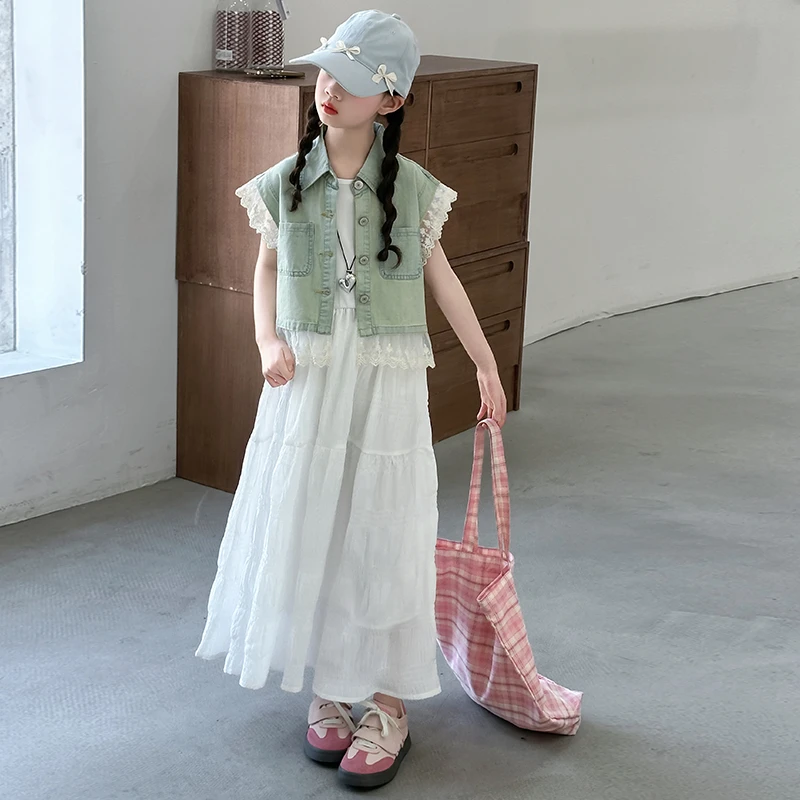 女大童夏季套装裙2025新款韩版洋气女孩花边牛仔马甲连衣裙两件套