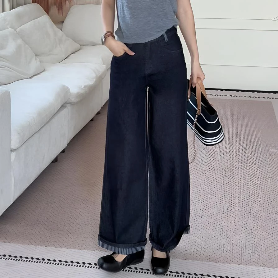 【余欢欢】秋季通勤百搭防褪色翻边条纹直筒裤-YHK50296