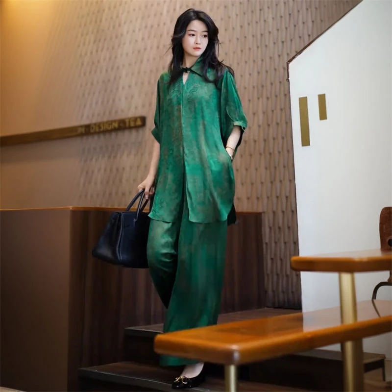 欧货高端夏季时尚气质宽松显瘦遮肉中长款大版衬衫阔腿裤两件套装