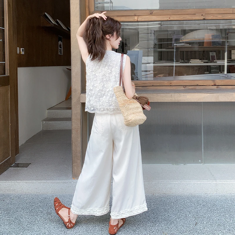 米白色一整套穿搭木耳边套装裤女2025年夏季新款背心阔腿裤两件套
